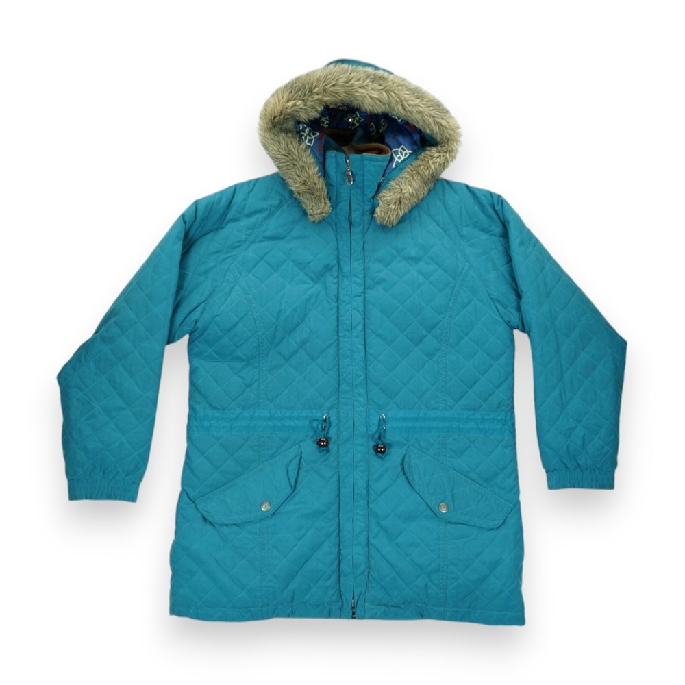 Vintage LL Bean Womens Large Puffer Coat Teal Ski Crest Lining Hoodie Full Zip